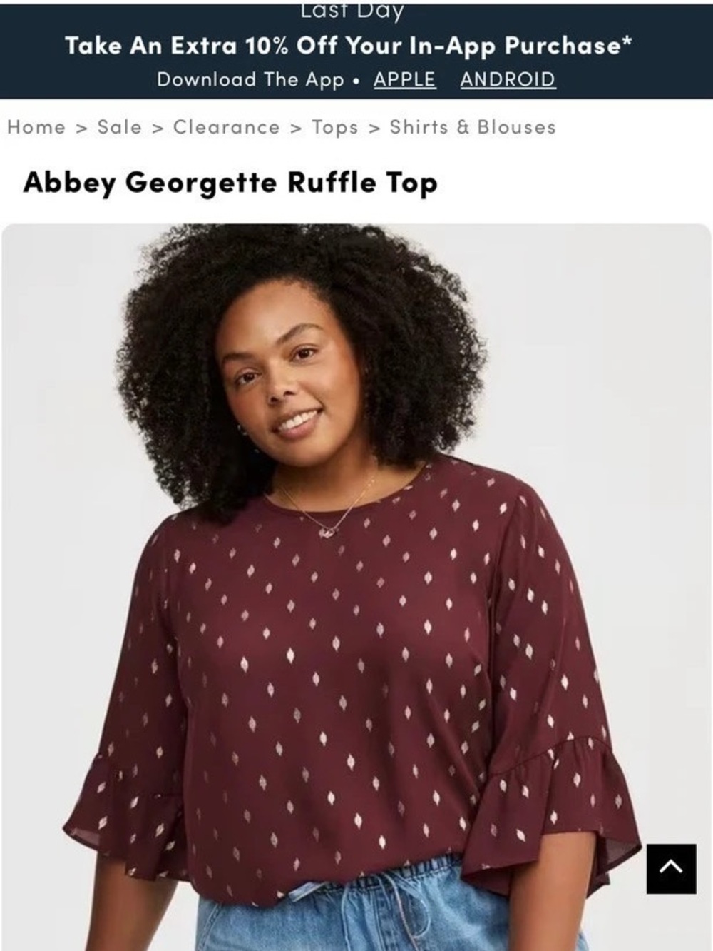 Torrid Abbey Georgette Ruffle Top Geometric Burgundy & Gold Size 4